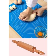 2li Set 45X65 cm Silikon Hamur Açma Matı 48 cm Ahşap Cilalı Merdane Pratik Hamur Açma Seti