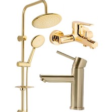 Armilla Armatür Yuvarlak Gold Robot Duş Sistemi Banyo Bataryası ve Kartal Lavabo Bataryası Musluğu 3’lü Set Gold Robot Krtl Duş 3 Dlt