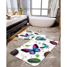 Talia Home Mavi Kelebek Desenli 2'li Büyük Boy Banyo Paspas Seti