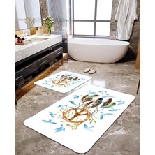 Talia Home Mavi Kuşlar Baskılı 2'li Büyük Boy Banyo Paspas Seti