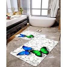 Talia Home Mavi-Yeşil Desenli 2'li Büyük Boy Banyo Paspas Seti
