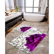 Talia Home Mor Çiçek Desenli 2'li Büyük Boy Banyo Paspas Seti