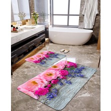 Talia Home Pembe Çiçek Desenli 2'li Büyük Boy Banyo Paspas Seti
