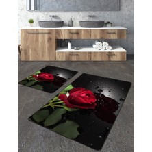 Talia Home Kırmızı Gül Desenli 2'li Büyük Boy Banyo Paspas Seti