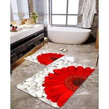 Talia Home Kırmızı Papatya Desenli 2'li Büyük Boy Banyo Paspas Seti