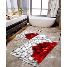 Talia Home Kırmızı Çiçek Desenli 2'li Büyük Boy Banyo Paspas Seti