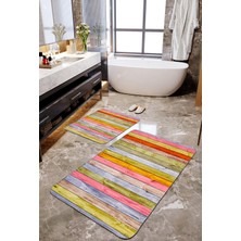 Talia Home Renkli Ahşap Desenli 2'li Büyük Boy Banyo Paspas Seti