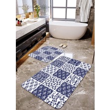 Talia Home Mavi Patchwork  Desenli 2'li Büyük Boy Banyo Paspas Seti
