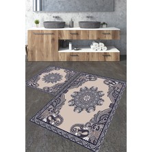 Talia Home Etnik Bej Desenli 2'li Büyük Boy Banyo Paspas Seti