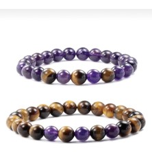 Bade Accessories Ametist Kaplan Gözü Doğal Taş Kombin Çift Bilekliği Şans ve Uğur Bağlılık Bilekliği