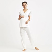 Catherine’s Maternity Catherine’s Hamile Pijama Takımı Ekru Renk Yumuşak Kumaş %94 Viskoz Günlük Kullanım İçin Rahat