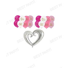 Best Parti Bride Baskılı Balon ve Ortası Boş Gümüş Kalp Folyo Balon Seti