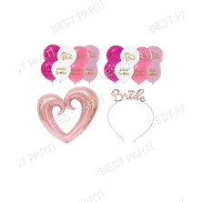 Best Parti Bride Baskılı Balon Ortası Boş Rose Gold Kalp Folyo ve Brıde Taç Seti