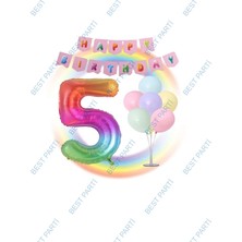 Best Parti Gökkuşağı Folyo Balon Happy Bırthday Banner ve Balonlu Balon Standı 5 Yaş