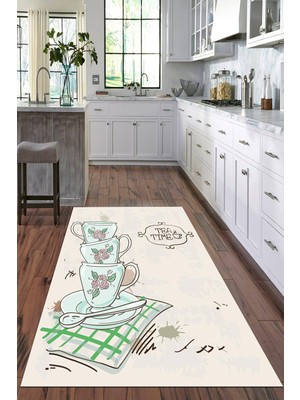 Viyana Home Dijital Baskılı Kaymaz Taban Yıkanabilir Fincan Desenli Modern Mutfak Halısı VHM-HM-588