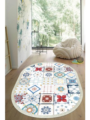 Viyana Home Dijital Baskılı Kaymaz Taban Yıkanabilir Oval Salon Halısı Mutfak Halısı Yolluk VHO-HS-536