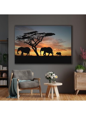 SML Tablo Afrika Gün Batımında Yürüyen Fil Ailesi Gölge Kanvas Tablo