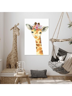 SML Tablo Kafasında Çiçekler Olan Zürafa Yavrusu Çizgi Film Karakteri Çocuk Odası Dekor Kanvas Tablo