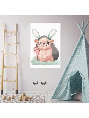 SML Tablo Mavi Yeşil Kulaklı Yavru Kirpi Çizgi Film Karakteri Çocuk Odası Dekor Kanvas Tablo