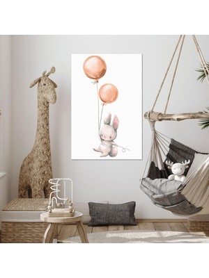 SML Tablo Turuncu Balonlu Küçük Yavru Tavşan Çizgi Film Karakteri Çocuk Odası Dekor Kanvas Tablo