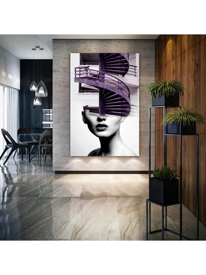 SML Tablo Mor Merdiven Yüzlü Kadın Modern Şehir Sanat Dekor Kanvas Tablo