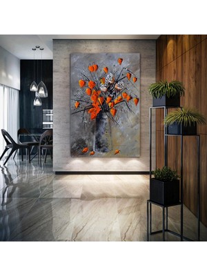 SML Tablo Saksı İçindeki Turuncu Beyaz Çiçekler Modern Dekor Sanat Kanvas Tablo