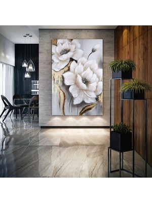 SML Tablo Beyaz Yapraklı Altın Gold Çiçek Yağlı Boya Efetli Doğa Kanvas Tablo