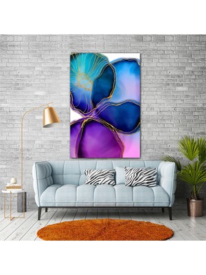 SML Tablo Altın Dokulu Mavi Mor Çiçek Kanvas Tablo
