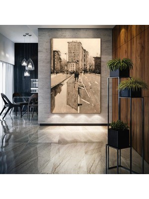 SML Tablo Soyut Nostalji Şehir Sokakta Yürüyen İnsanlar Kanvas Tablo
