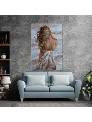 SML Tablo Sırtı Dönük Rüzgarda Saçları Dağılan Beyaz Elbiseli Kadın Deniz Sahil Dekor Kanvas Tablo
