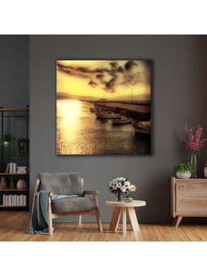 SML Tablo Gün Batımı Altında Sahildeki Tekneler Uçuşan Kuşlar Deniz Doğa Manzara Kanvas Tablo
