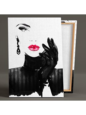 SML Tablo Kırmızı Rujlu Eli Çenesinde Duran Siyah Beyaz Çizgisel Güzel Kadın Kuaför Makyaj Dekor Kanvas Tablo