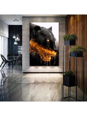 SML Tablo Ağzından Altın Damlalar Akan Puma Vahşi Hayvan Doğa Manzara Kanvas Tablo