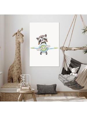 SML Tablo Bulutlar Uçak Yavru Rakun Çizgi Film Karakteri Çocuk Odası Dekor Kanvas Tablo