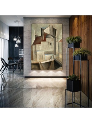 SML Tablo Kahverengi Soyut Şehir Ev Manzara Dekor Kanvas Tablo