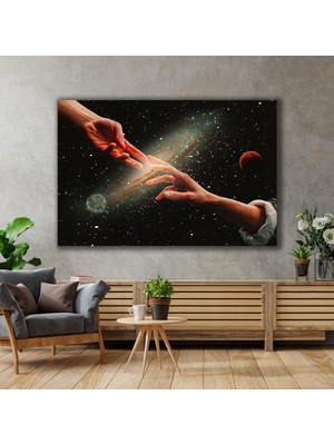 SML Tablo Michelangelo Uzayda İki Eli Birbirine Dokunan İnsan Kozmoz Kanvas Tablo