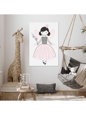 SML Tablo Pembe Kıyafetli Taçlı Kız Yıldız Çizgi Film Karakteri Çocuk Odası Dekor Kanvas Tablo