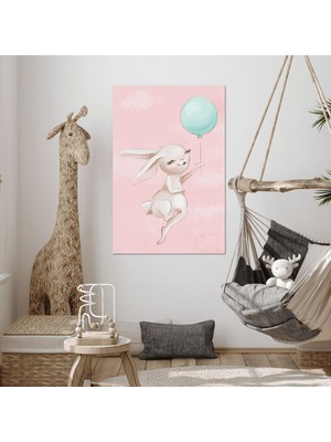 SML Tablo Pembe Tavşan Mavi Balon Çizgi Film Karakteri Çocuk Odası Dekor Kanvas Tablo