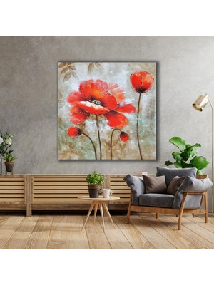 SML Tablo Kırmızı Yapraklı Gelincik Çiçeği Yağlı Boya Efektli Doğa Manzara Gonca Kanvas Tablo