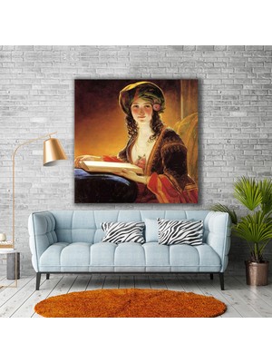 SML Tablo Kulağına Gül Takmış Kitap Okuyan Kadın Osmanlı Dekor Kanvas Tablo