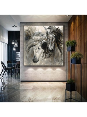 SML Tablo Beyaz At Çifti Aşk Asalet Hayvan Horse Dekor Kanvas Tablo