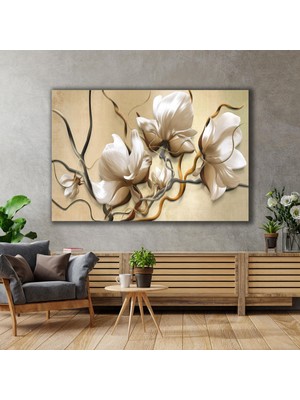 SML Tablo Birbirine Dolanmış Beyaz Yapraklı Çiçekler Doğa Bitki Kanvas Tablo