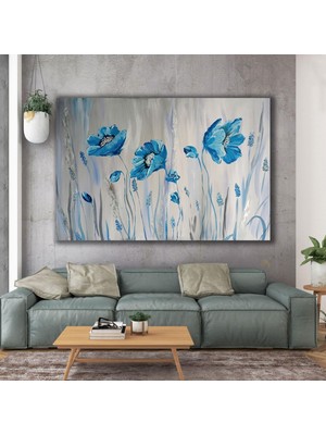 SML Tablo Mavi Beyaz Çiçek Bitki Doğa Manzara Dekor Kanvas Tablo