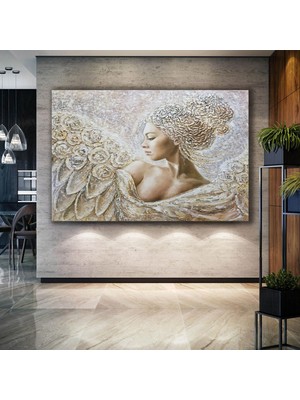 SML Tablo Yağlı Boya Efektli Beyaz Elbise Gelinlik Giymiş Esmer Tenli Kadın African Woman Kanvas Tablo