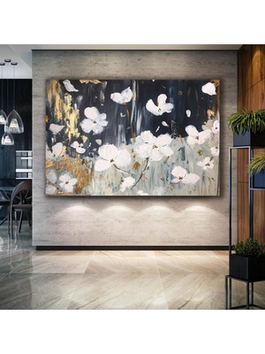 SML Tablo Yağlı Boya Efektli Beyaz Çiçek Gold Dekor Altın Fırça Darbeleri Kanvas Tablo