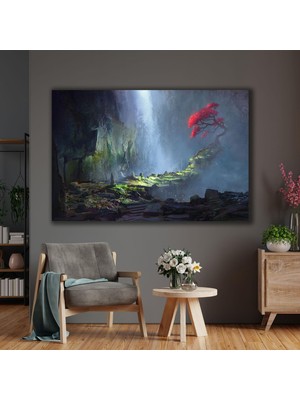 SML Tablo Dağ Yamacındaki Kırmızı Yapraklı Ağaç Doğa Manzara Yeşillik Kanvas Tablo