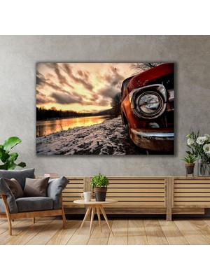 SML Tablo Göl Kenarında Duran Antika Araba Doğa Manzara Gün Batımı Kanvas Tablo