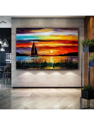 SML Tablo Gün Batımı Altında Sahildeki Yelkenli Deniz Doğa Manzara Dekor Kanvas Tablo