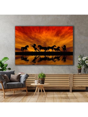SML Tablo Gün Batımı Altında At Sürüsü Gölgeleri Şaha Kalkmış Atlar Manzara Doğa Kanvas Tablo