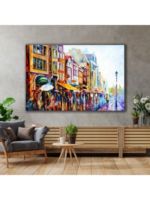 SML Tablo Amsterdam Yağmur Altında Yürüyen Şehirdeki İnsanlar Kanvas Tablo